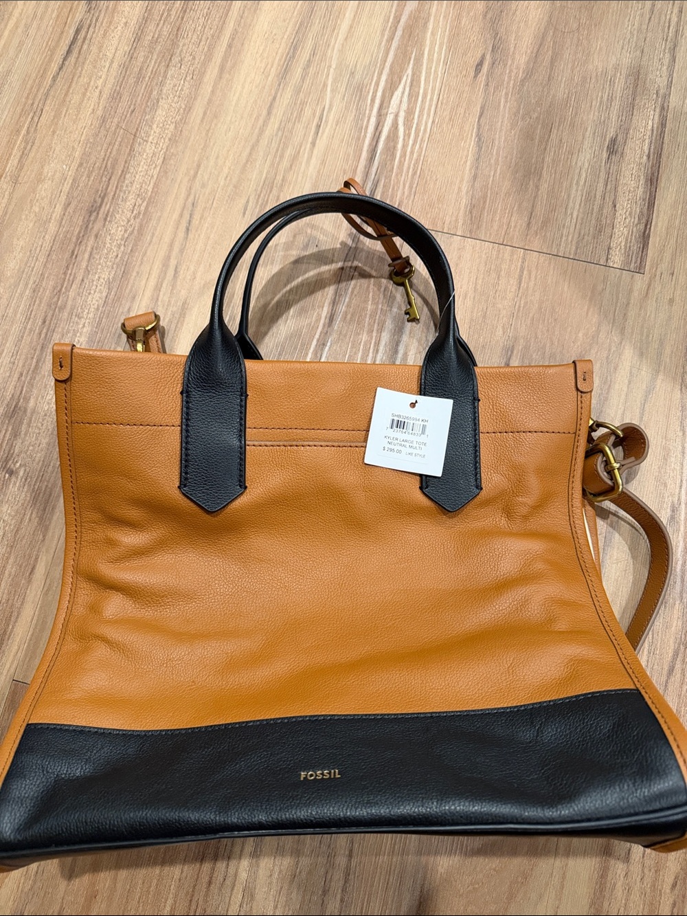 NWT Fossil Caramel Tan and Black Leather Structured Tote